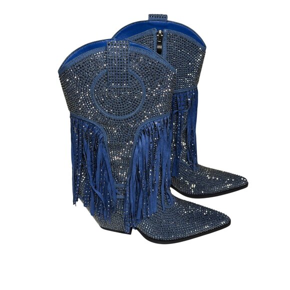 NWT Azalea Wang Rhinestone Fringe Denim Western Boots Blue Cowgirl Glam - Picture 4 of 11